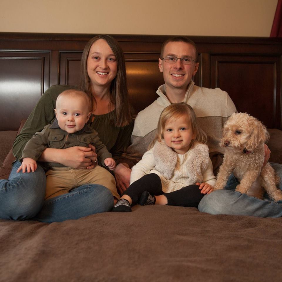 Me with my husband of 5.5 years, my two kids (9 months and 3 years), and our toy poodle!